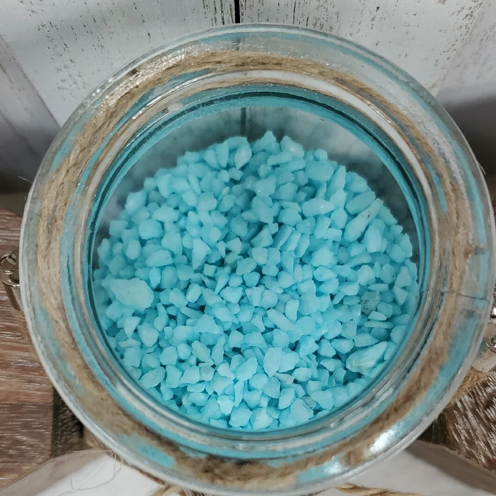 Glass Jar Vase with Silver Starfish Charm Twine Handle & Aqua Pebble Rocks